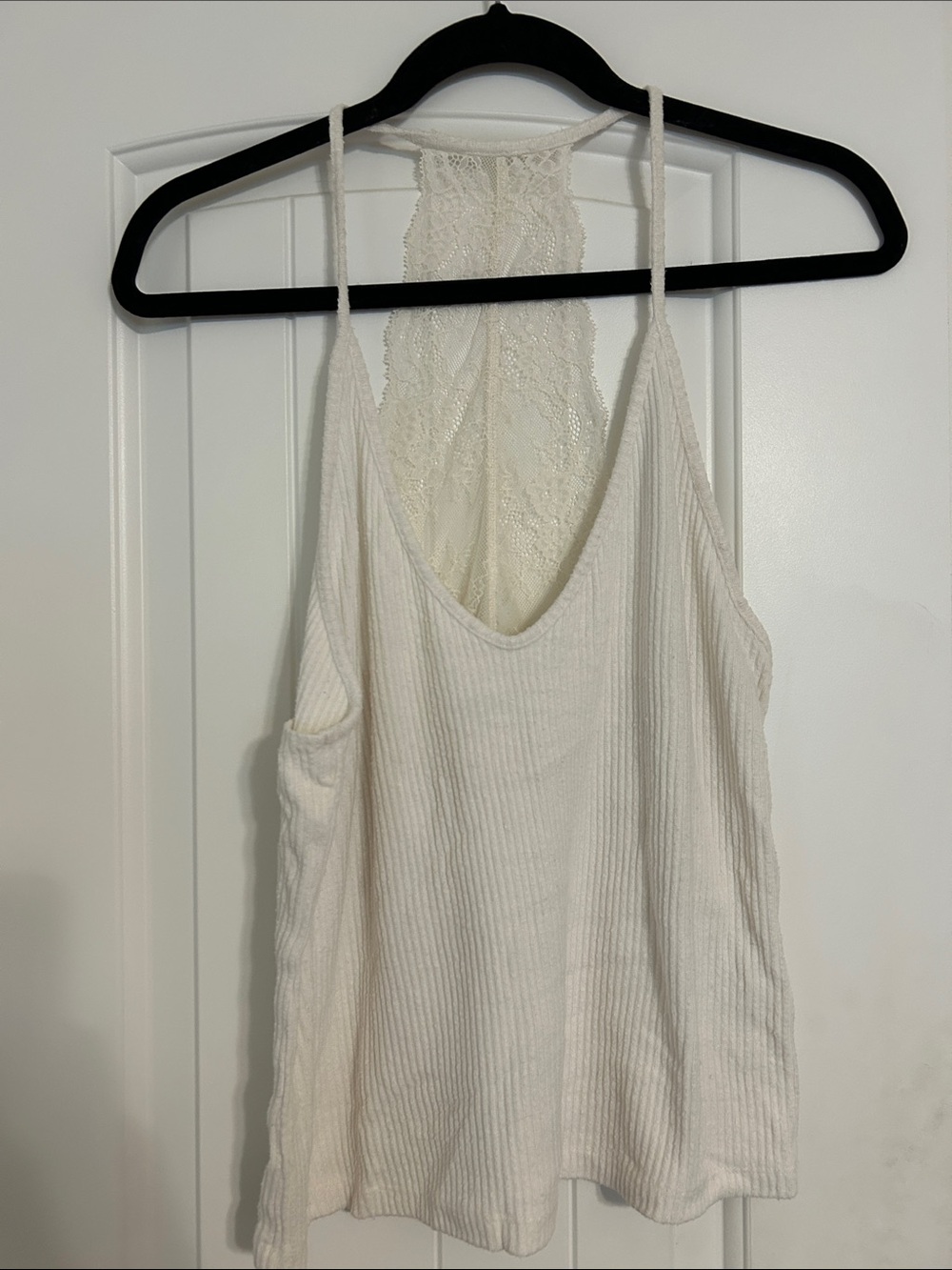 Abercrombie & Fitch Cream Lace-Back Ribbed Pajama Tank and Shorts.